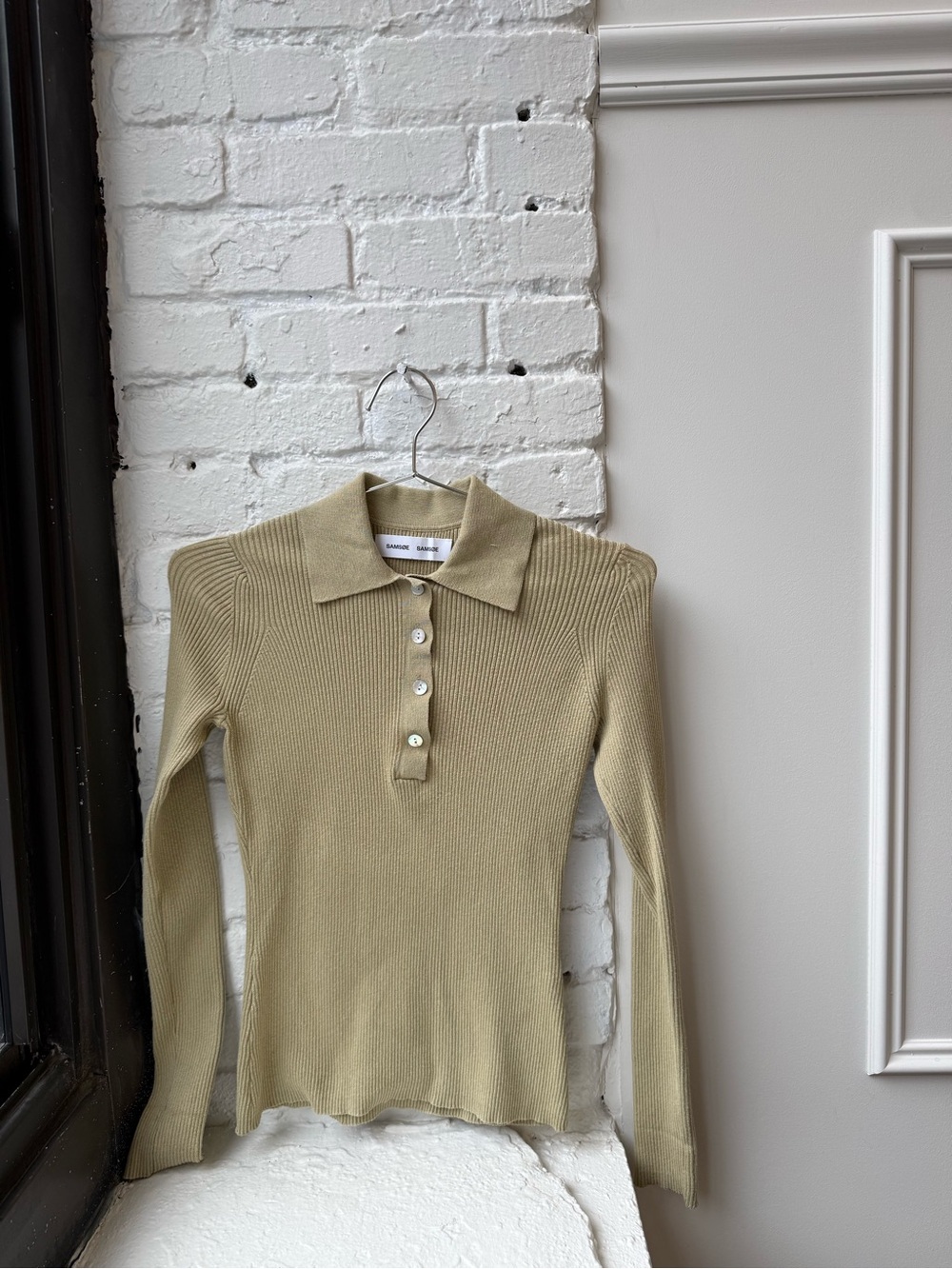 SAMSOE Long-Sleeve Ribbed Polo in Olive Green